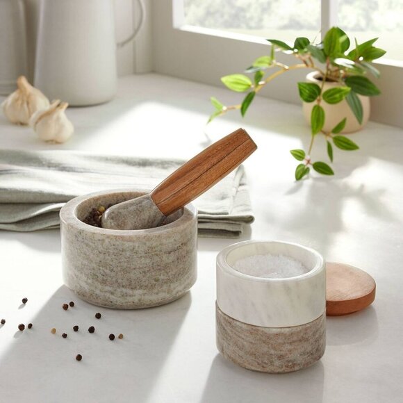 Hearth & Hand Magnolia 2pc Marble & Wood‎ Mortar and Pestle Set Warm Gray - Picture 2 of 9